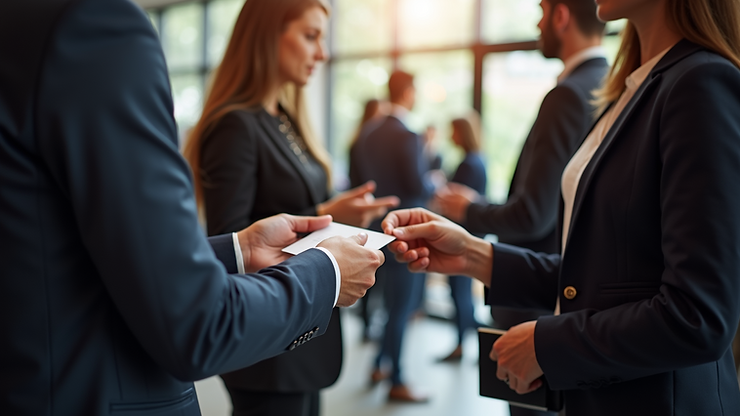 Eye-level view of a business networking event with people exchanging business cards